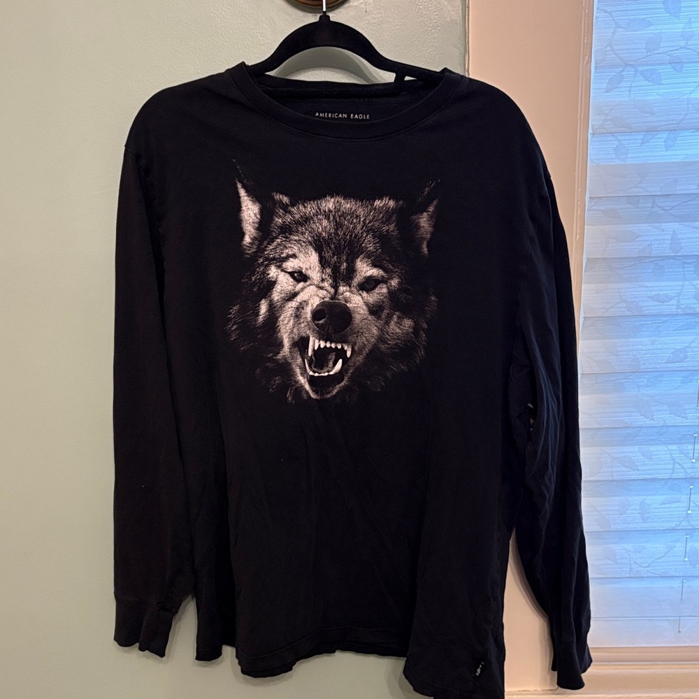American Eagle Wolf Graphic Long Sleeve T Shirt Men’s XXL Black Casual Grunge